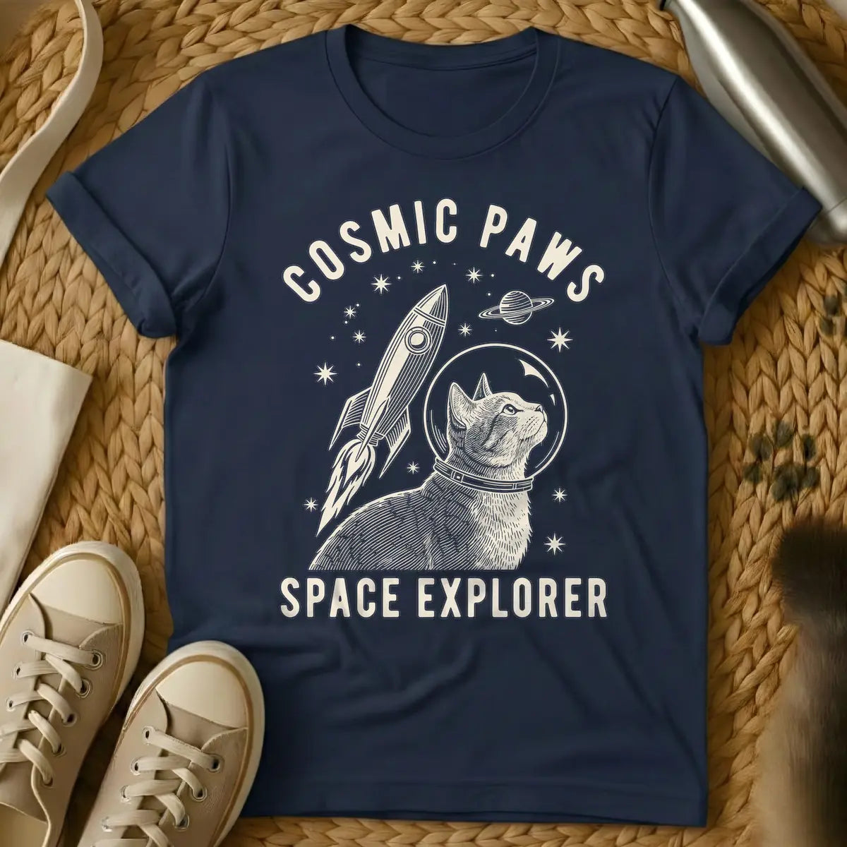 Navy - Beige woodcut-style illustration of a cat wearing a space helmet looking up, with a rocket launching beside it, a ringed planet, and stars in the background. Arched text at the top reads "COSMIC PAWS" and text at the bottom reads "SPACE EXPLORER".