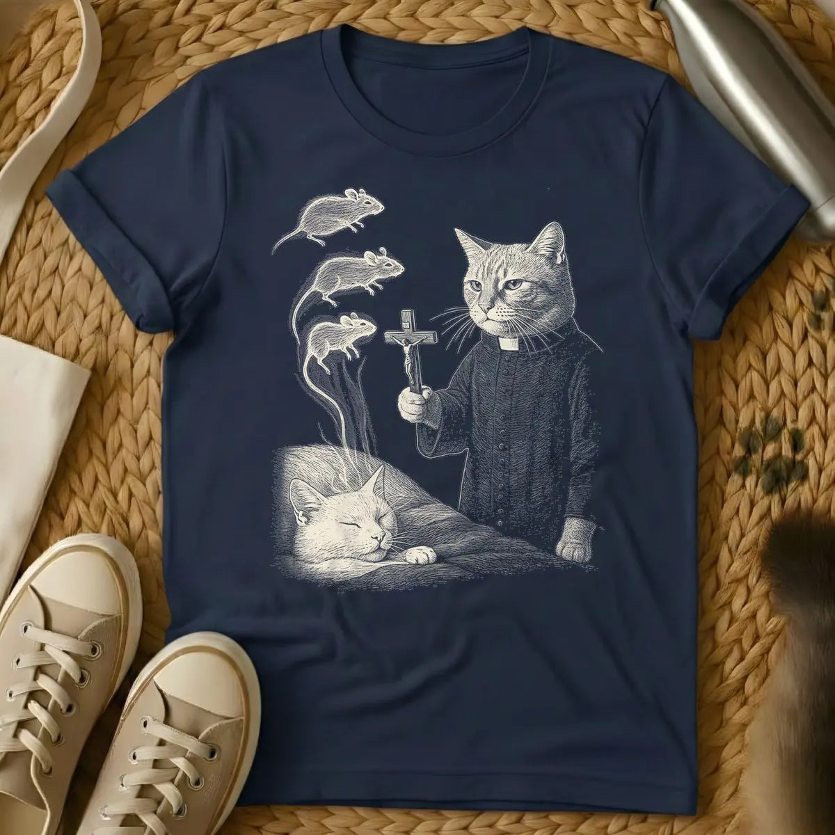 Navy - Vintage engraving style illustration in light beige, featuring a cat dressed as a priest holding a crucifix, watching three ghostly mice ascend towards the sky, while a second cat sleeps below.