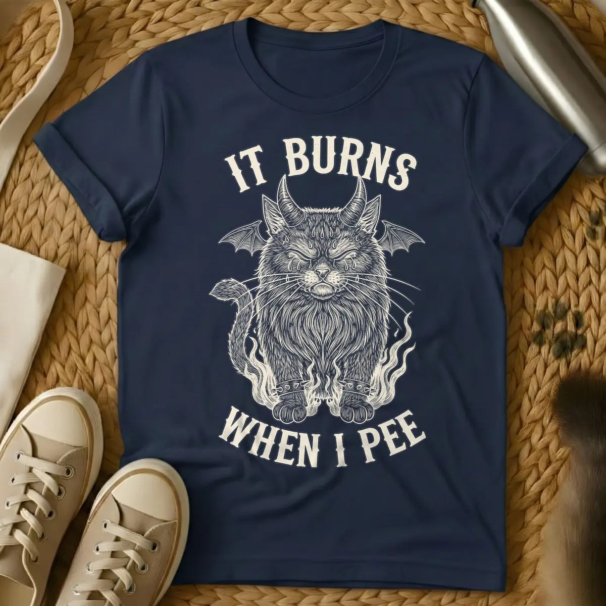 Navy - A distressed illustration of a devil cat with horns, bat wings, tears, spiked bracelets, and flames, with the text "IT BURNS WHEN I PEE".