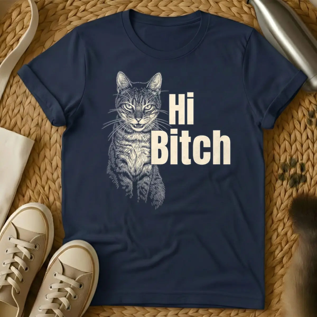Navy - T-shirt design: Engraved style tan cat with bared teeth on the left, next to bold tan text "Hi Bitch".