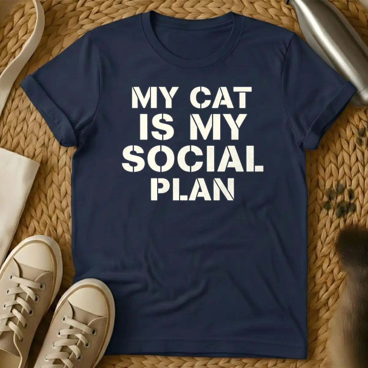 Navy - T-shirt design featuring the text "MY CAT IS MY SOCIAL PLAN" in an off-white stencil font.
