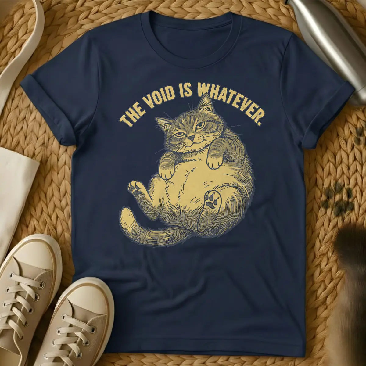Navy - Distressed, gold-colored, linocut-style illustration of a cat lying on its back with its belly and one paw pad exposed, giving an indifferent look. Above, arched text reads 'THE VOID IS WHATEVER.'
