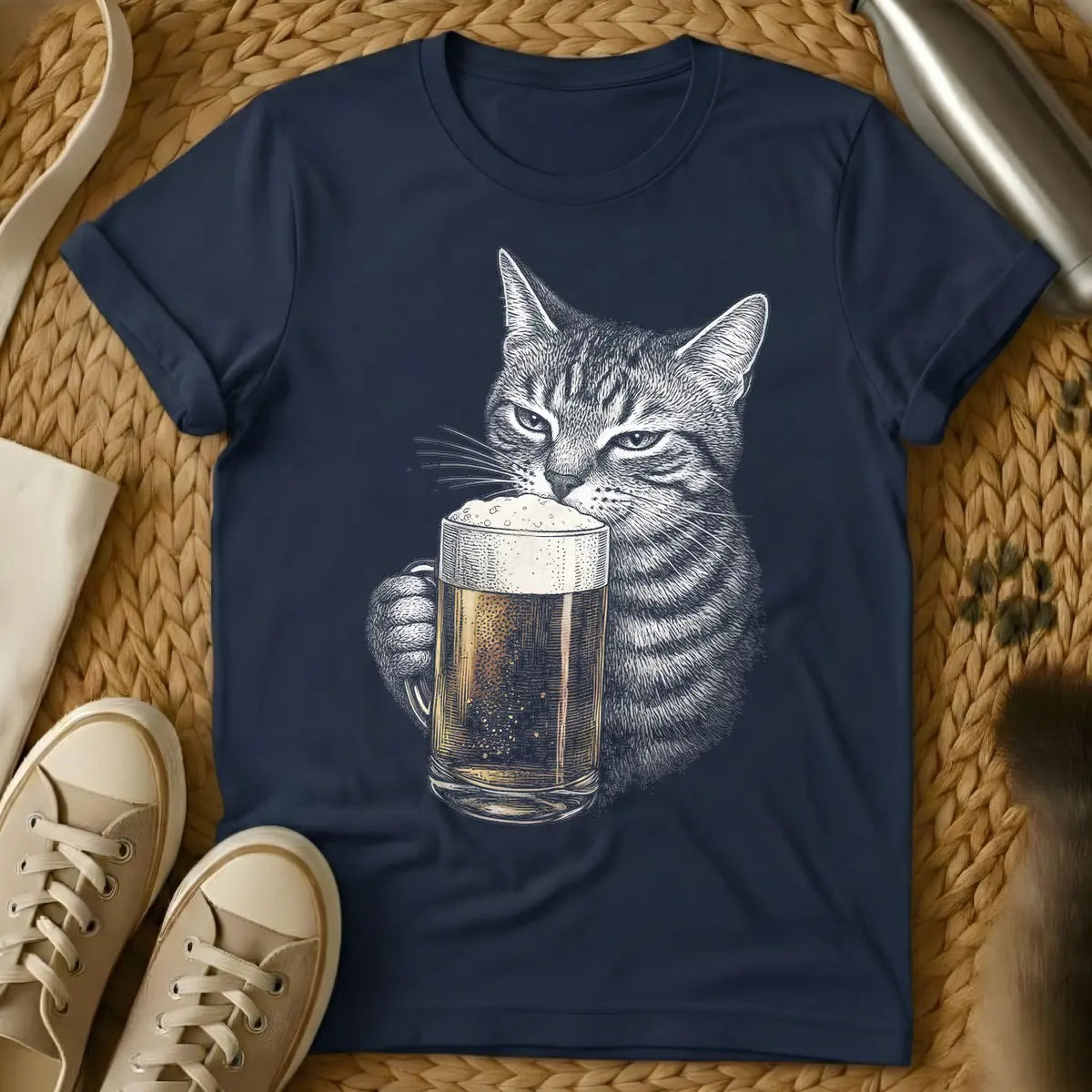 Navy - Grayscale line art of a cat holding a frothy glass mug of golden beer.
