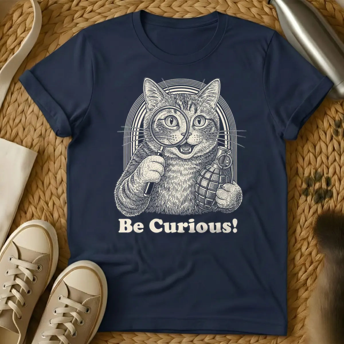Navy - Woodcut style illustration of a mischievous tan cat holding a magnifying glass to its left eye and a pineapple hand grenade in its right paw, with an arched striped background. Below the cat, the text reads "Be Curious!".