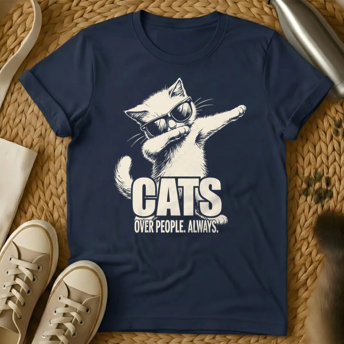 Navy - Light beige sketchy drawing of a cat wearing sunglasses and dabbing, with the text "CATS OVER PEOPLE. ALWAYS." below it.