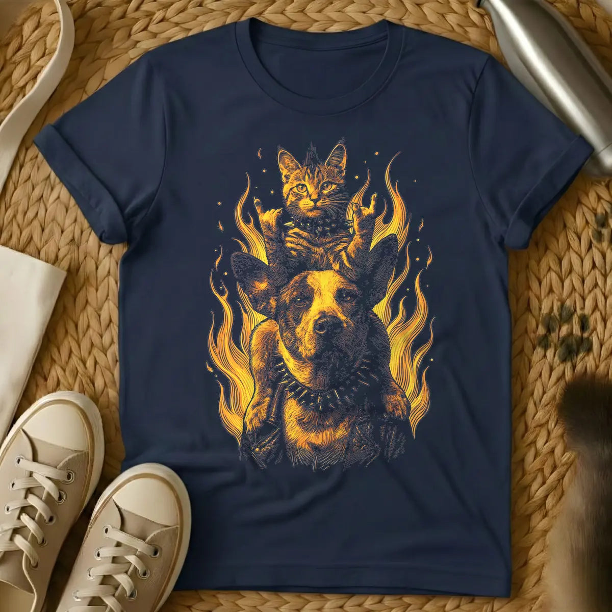 Navy - Orange and white illustration of a cat making the devil horns hand gesture and wearing a studded collar, standing on a dog in a studded collar and leather jacket, surrounded by stylized flames.