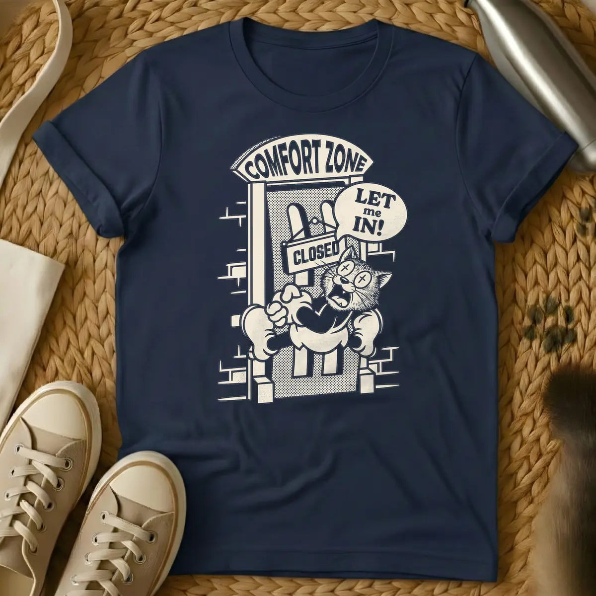 Navy - Monochrome cartoon of an X-eyed, boxing-gloved creature yelling "LET me IN!" while pounding on a "CLOSED" door labeled "COMFORT ZONE."