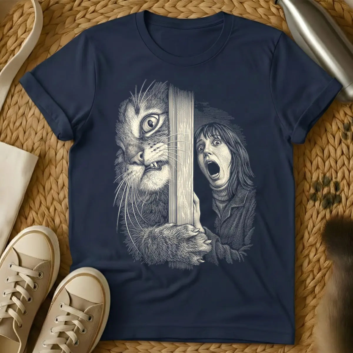 Navy - Woodcut-style illustration of a giant, menacing cat with bared teeth peering through vertical slats at a screaming woman with wide eyes.