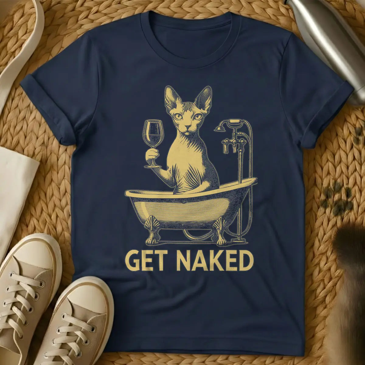 Navy - Distressed gold t-shirt design featuring a Sphynx cat in a clawfoot tub holding a wine glass, with the text 'GET NAKED'.
