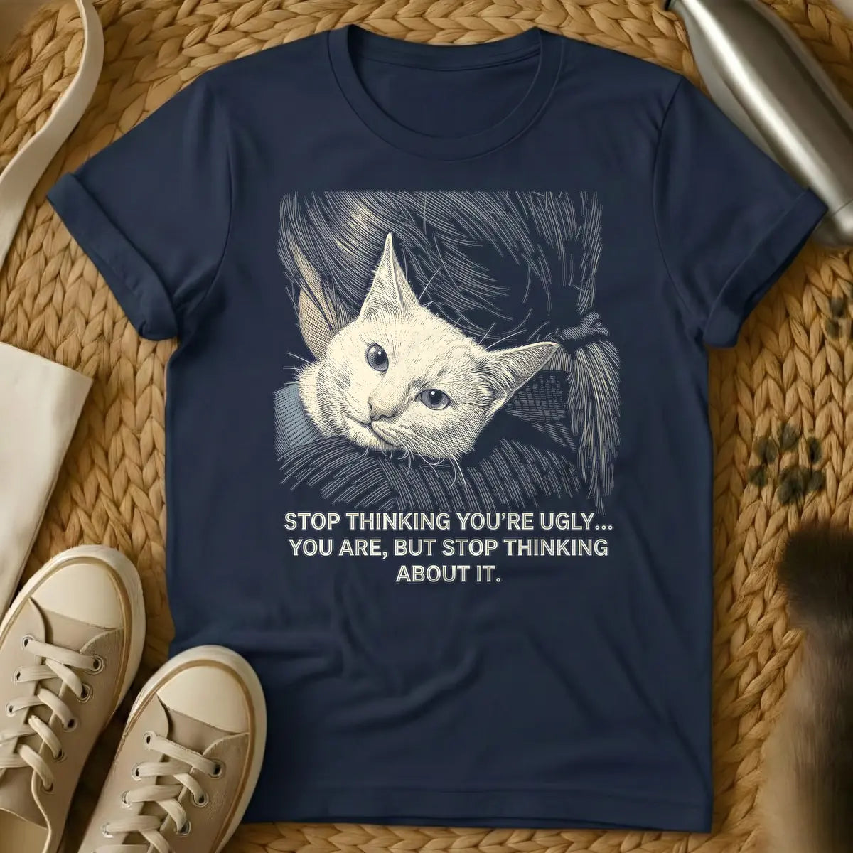 Navy - A t-shirt design featuring an engraved-style illustration of a light beige cat's head with large, wide eyes and a gray collar, surrounded by swirling lines. Below the cat, the sarcastic quote reads: "STOP THINKING YOU'RE UGLY... YOU ARE, BUT STOP THINKING ABOUT IT."