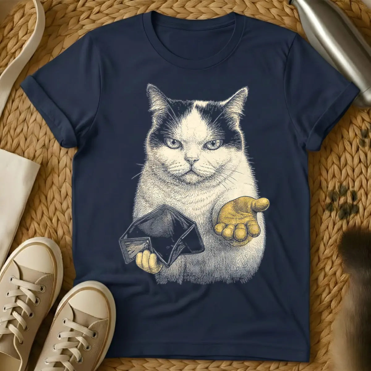 Navy - Engraving style illustration of a serious tan cat holding an open envelope in one golden paw and extending the other golden paw palm up.