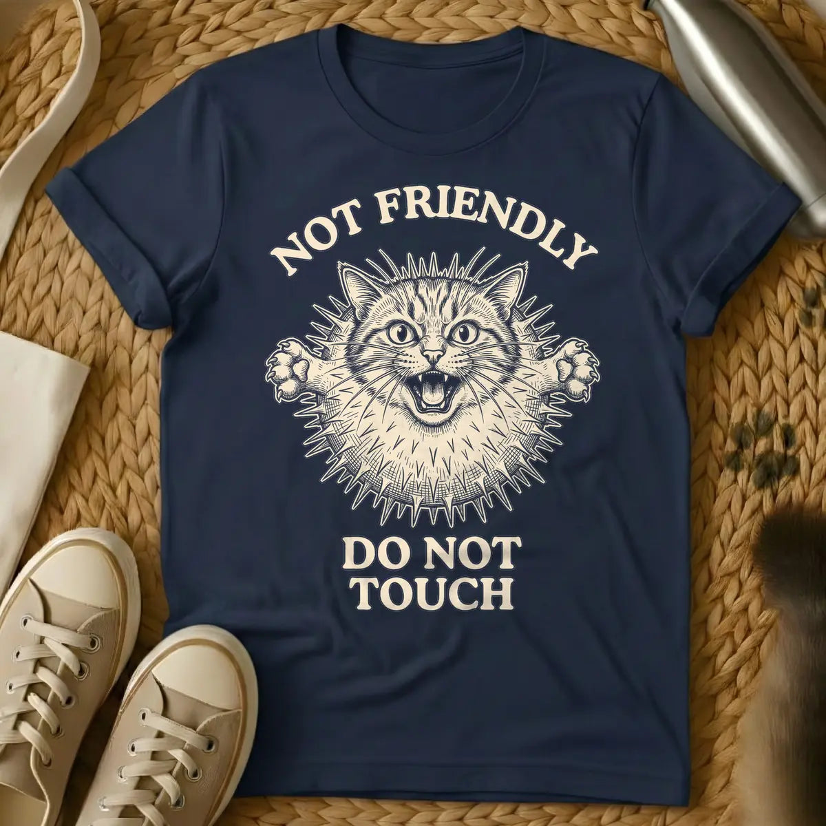 Navy - Black and white illustration of an angry cat with a spiky pufferfish body, baring fangs and extending claws. Above the cat, text reads 'NOT FRIENDLY', and below, 'DO NOT TOUCH'.