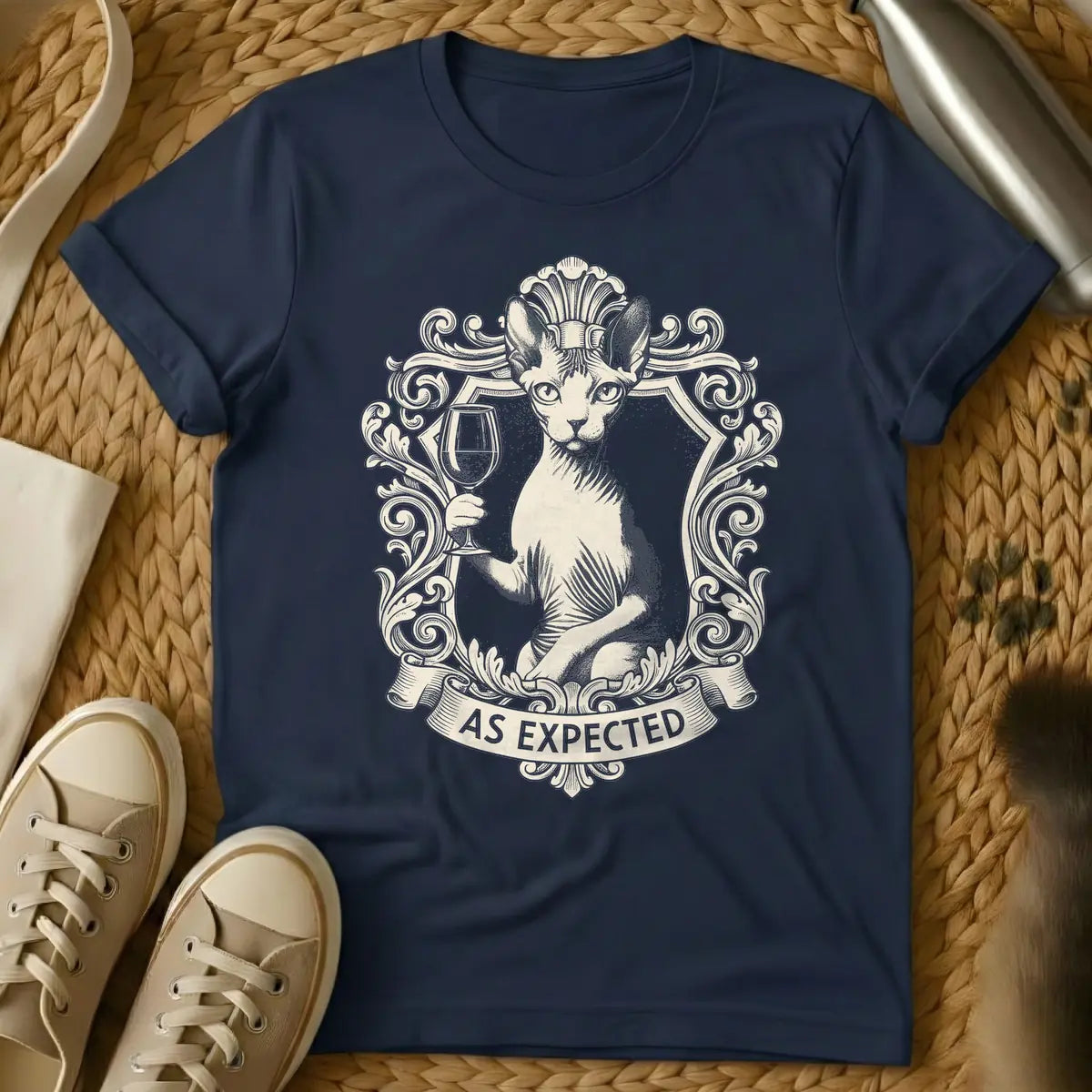 Navy - Light beige illustration of a Sphynx cat holding a wine glass, set within an ornate vintage frame, with a banner below reading "AS EXPECTED".
