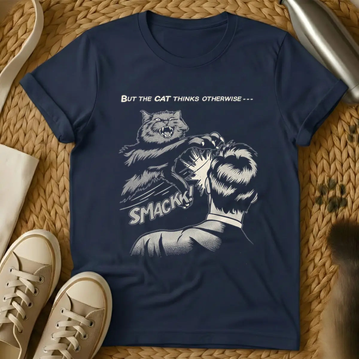 Navy - Vintage comic book style illustration in beige tones with halftone shading. An angry cat with sharp claws is mid-air, slapping the back of a person's head. Below the action, the word 'SMACKK!' appears in a bold comic font. Above the scene, the text reads 'BUT THE CAT THINKS OTHERWISE ---'.