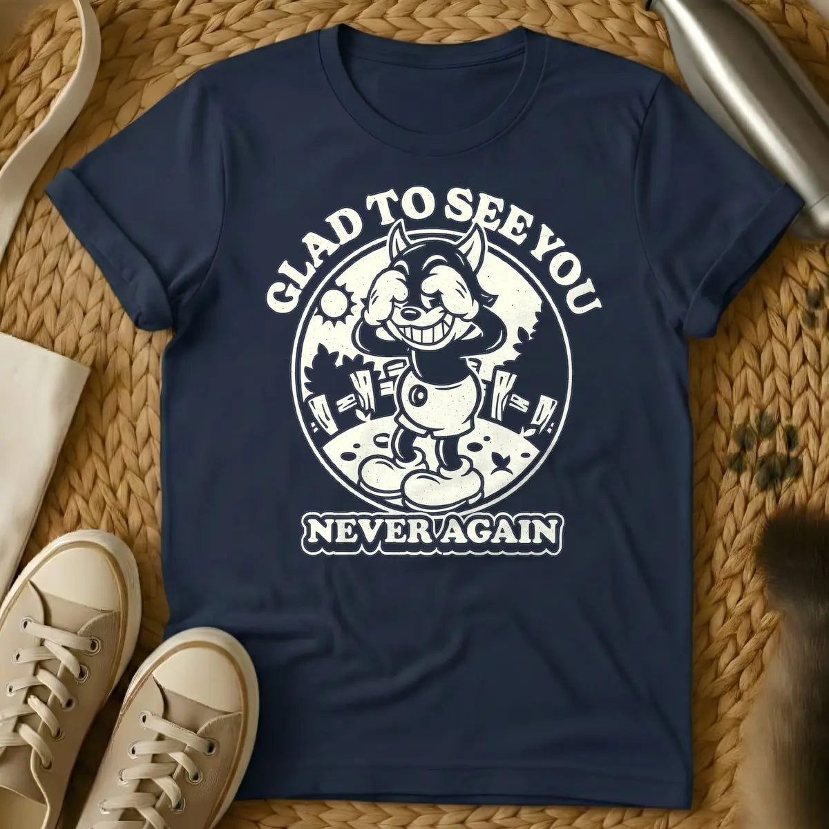 Navy - Vintage style cartoon wolf character covering its eyes with its hands and grinning widely, in a circular frame with a sun and fence in the background. Arched text above the circle reads "GLAD TO SEE YOU", and text below the circle reads "NEVER AGAIN".