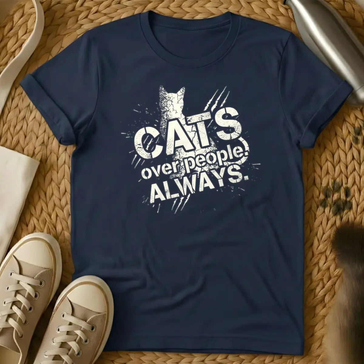 Navy - Distressed black text "CATS over people! ALWAYS." with a cat silhouette and scratch marks on a white background.