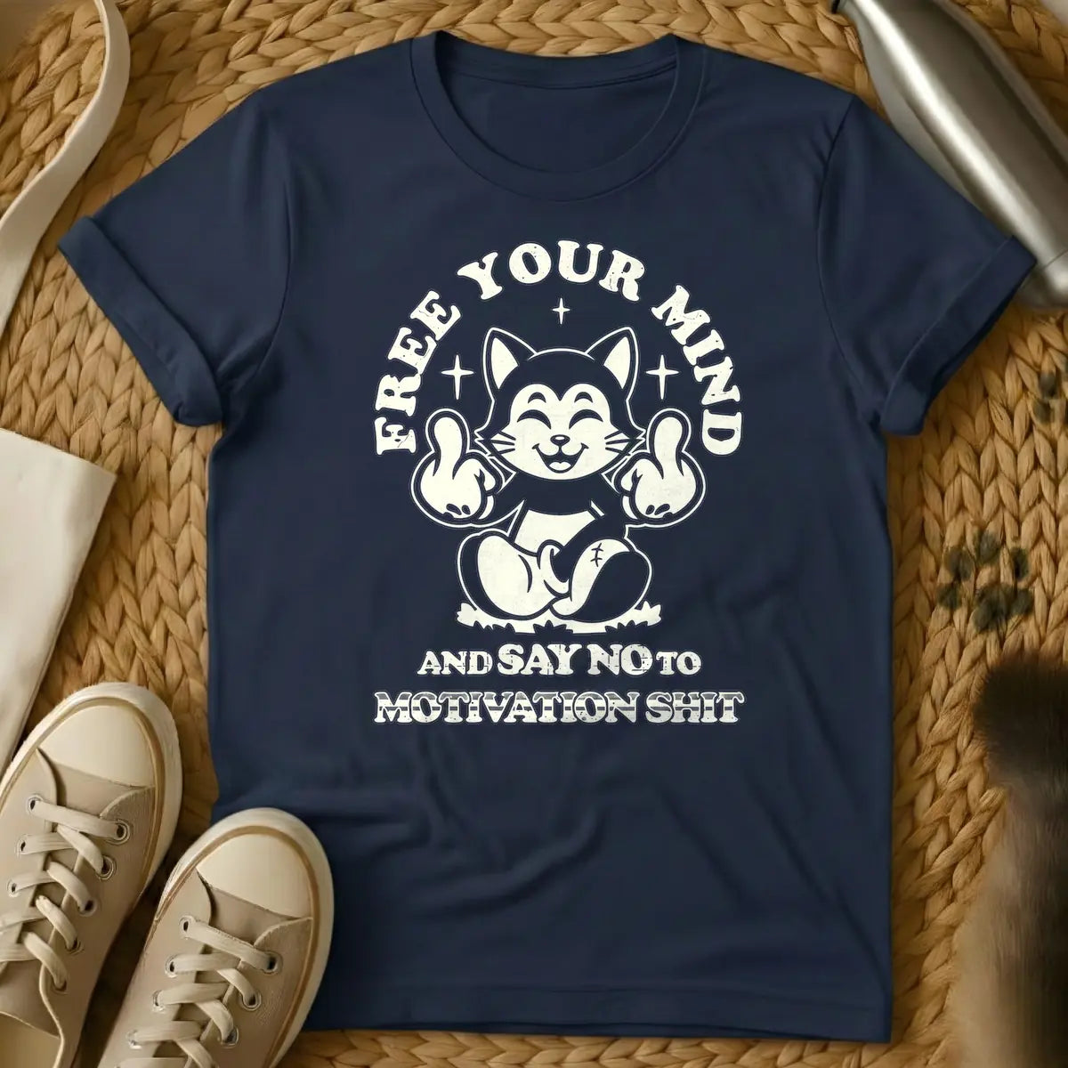 Navy - Distressed beige graphic of a smiling, meditating cartoon cat-like creature flipping off the viewer with both middle fingers, surrounded by the arched text "FREE YOUR MIND" above and "AND SAY NO TO MOTIVATION SHIT" below.