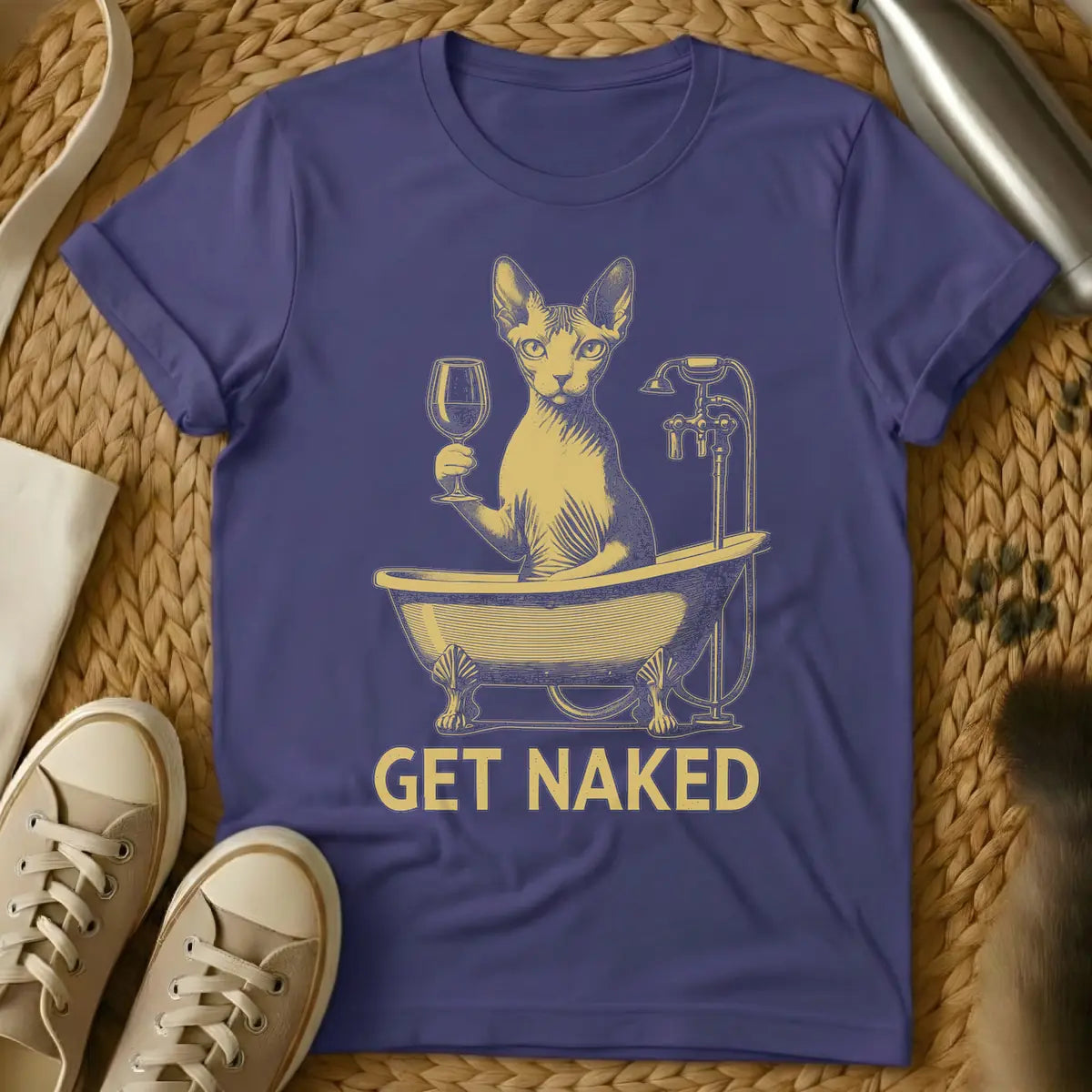 Purple - Distressed gold t-shirt design featuring a Sphynx cat in a clawfoot tub holding a wine glass, with the text 'GET NAKED'.