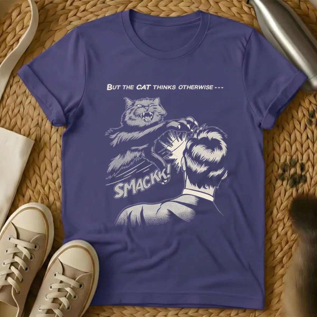 Purple - Vintage comic book style illustration in beige tones with halftone shading. An angry cat with sharp claws is mid-air, slapping the back of a person's head. Below the action, the word 'SMACKK!' appears in a bold comic font. Above the scene, the text reads 'BUT THE CAT THINKS OTHERWISE ---'.