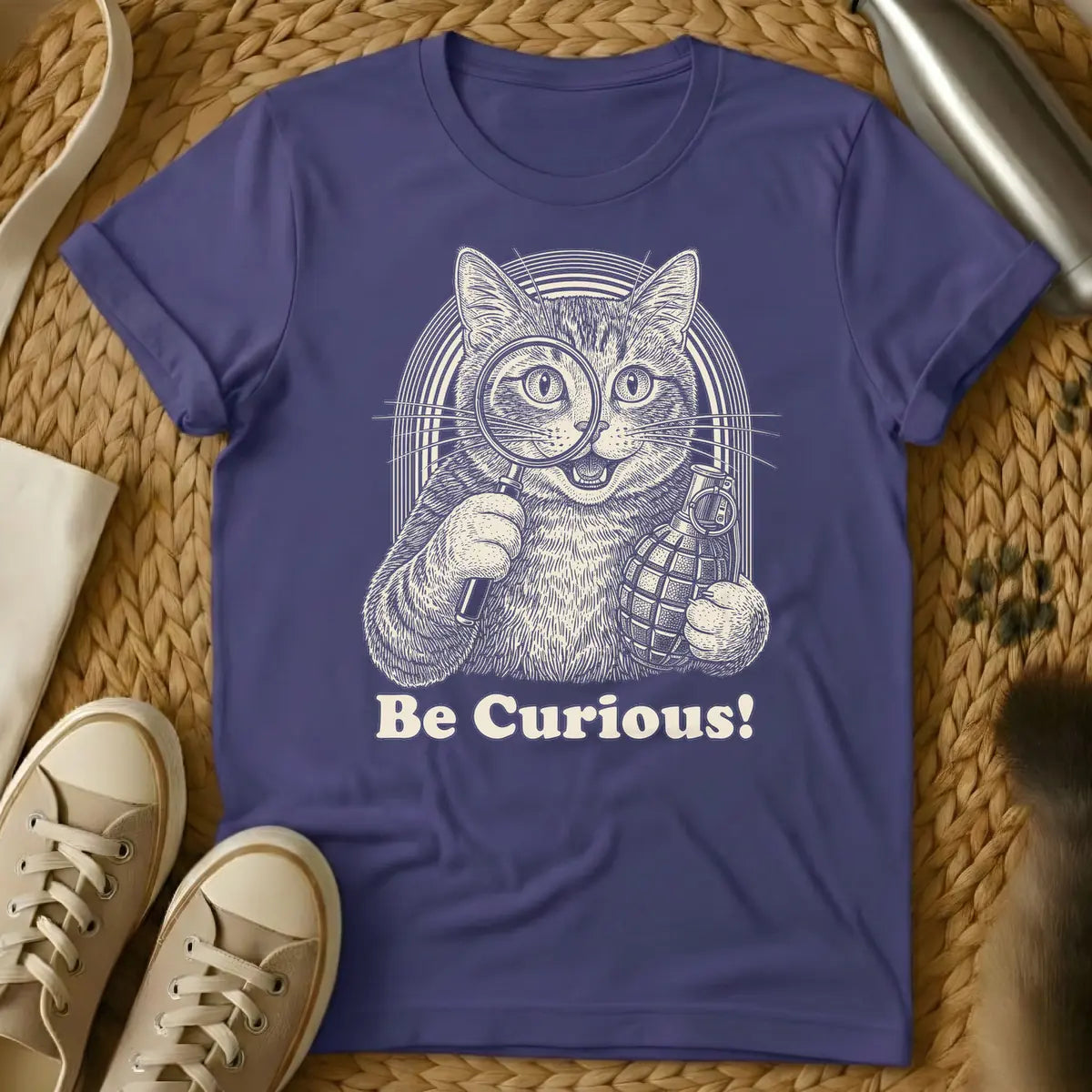 Purple - Woodcut style illustration of a mischievous tan cat holding a magnifying glass to its left eye and a pineapple hand grenade in its right paw, with an arched striped background. Below the cat, the text reads "Be Curious!".