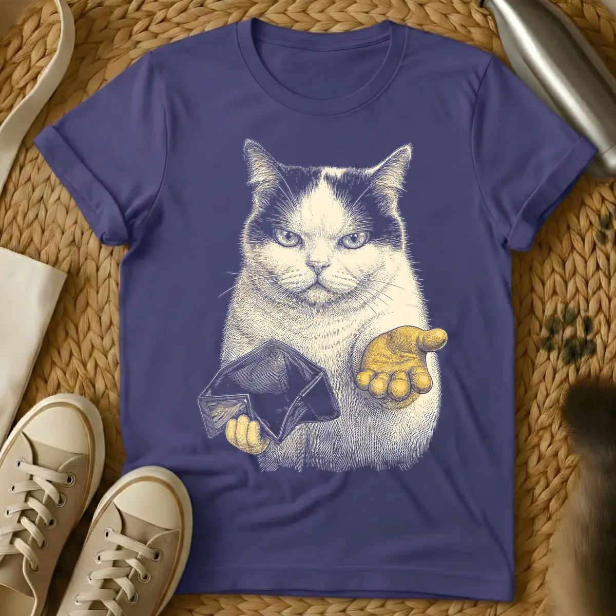 Purple - Engraving style illustration of a serious tan cat holding an open envelope in one golden paw and extending the other golden paw palm up.