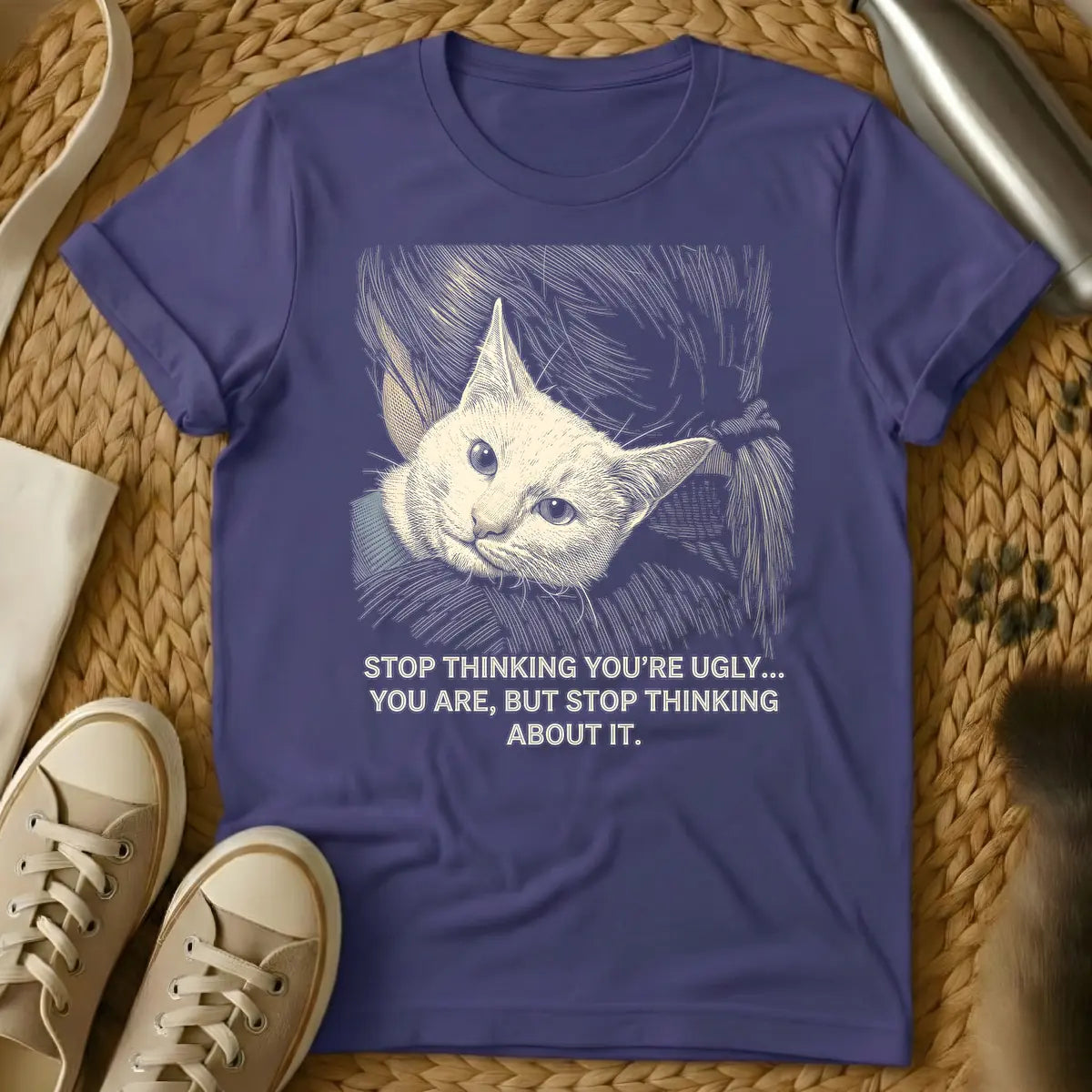 Purple - A t-shirt design featuring an engraved-style illustration of a light beige cat's head with large, wide eyes and a gray collar, surrounded by swirling lines. Below the cat, the sarcastic quote reads: "STOP THINKING YOU'RE UGLY... YOU ARE, BUT STOP THINKING ABOUT IT."