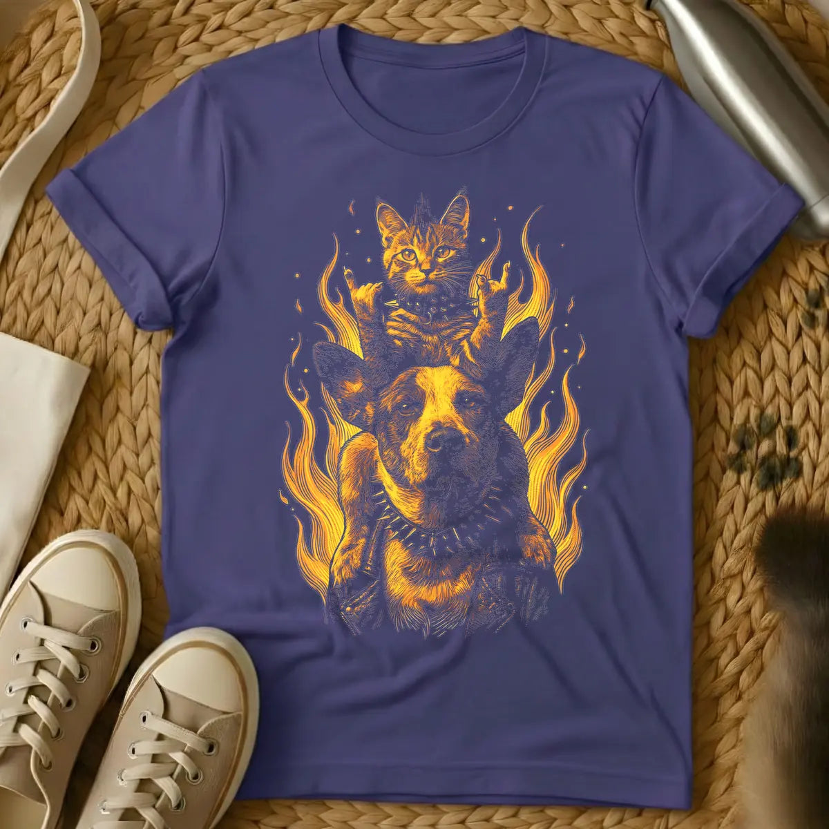 Purple - Orange and white illustration of a cat making the devil horns hand gesture and wearing a studded collar, standing on a dog in a studded collar and leather jacket, surrounded by stylized flames.