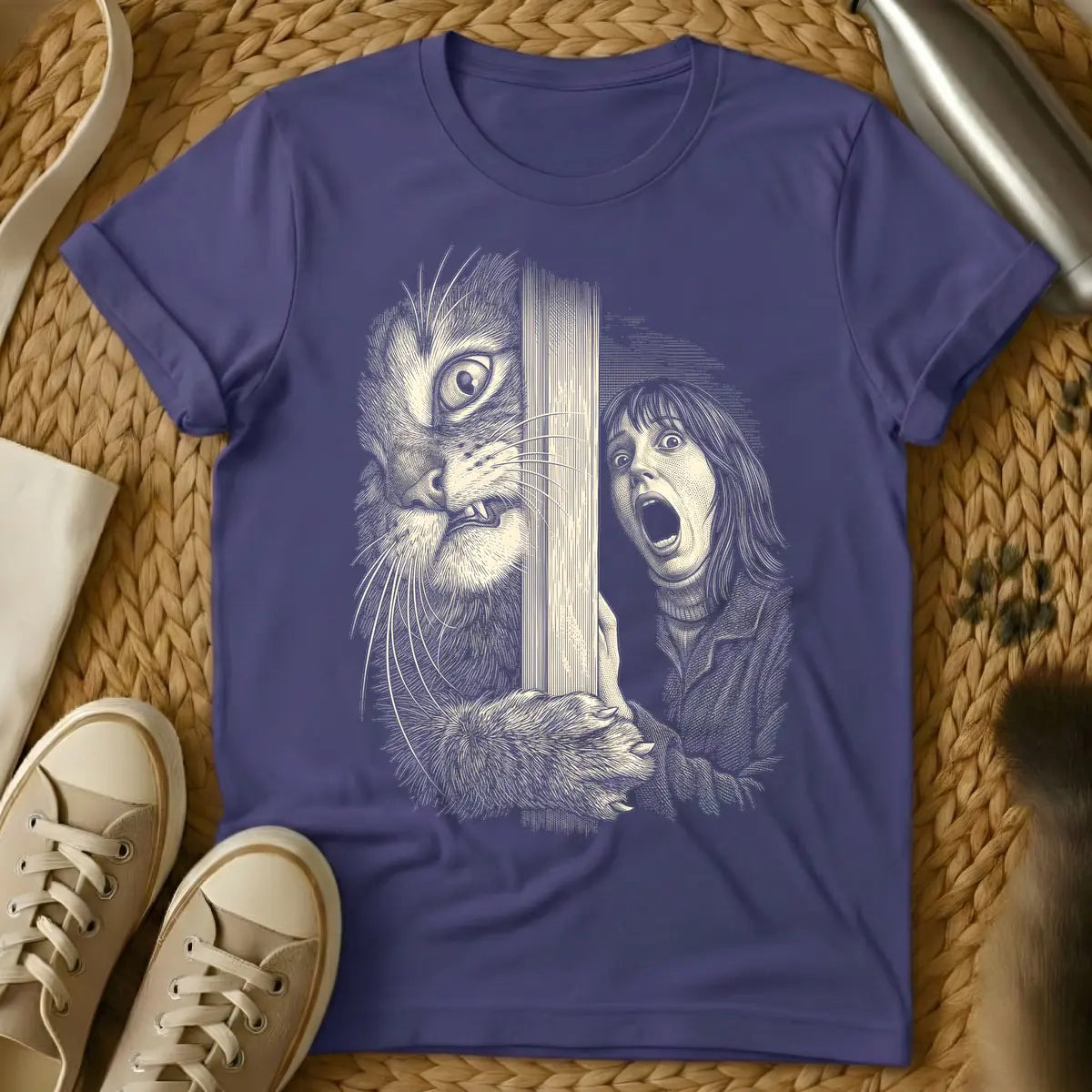 Purple - Woodcut-style illustration of a giant, menacing cat with bared teeth peering through vertical slats at a screaming woman with wide eyes.