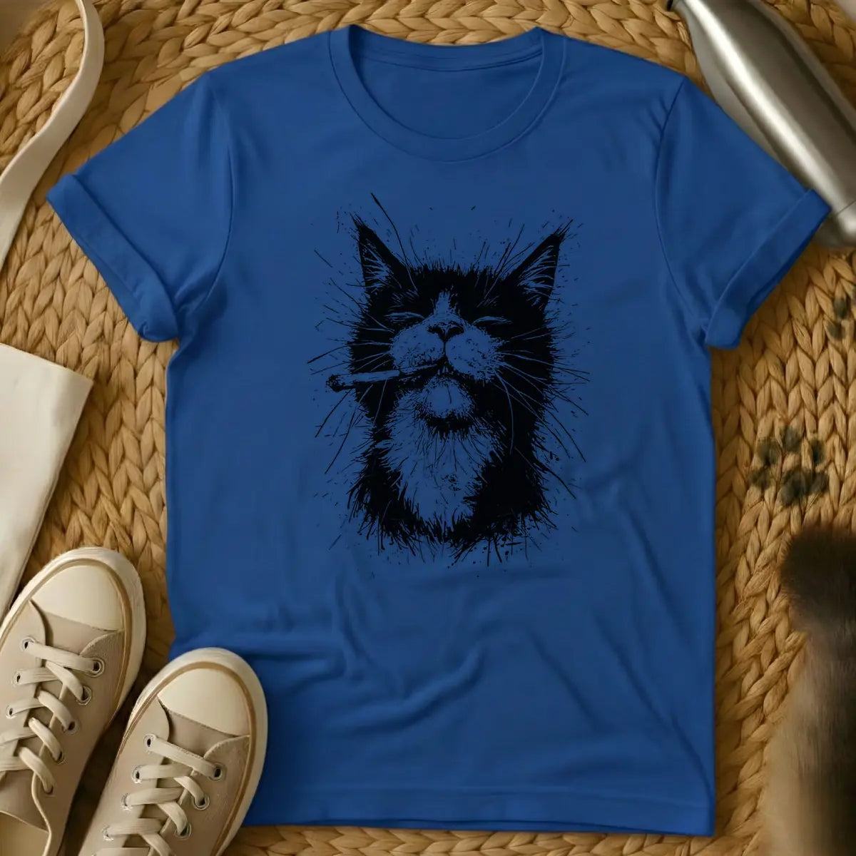 Royal - Black and white grunge illustration of a cool cat with closed eyes, smoking a cigarette or joint.