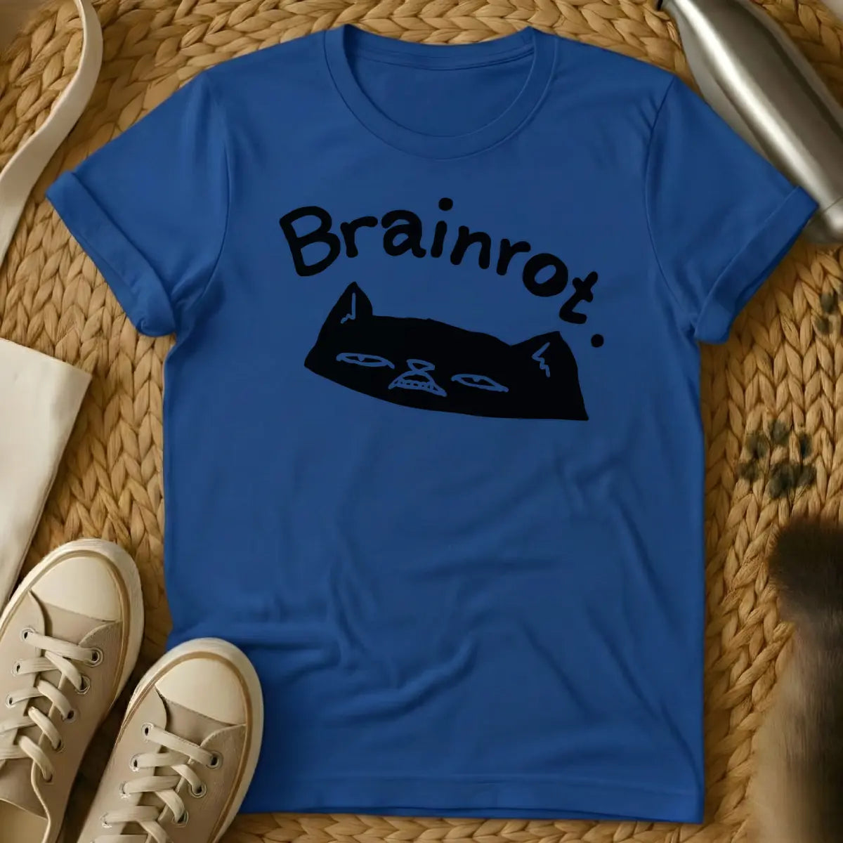 Royal - Text "Brainrot." in a quirky, handwritten font above a black cat's head with a grumpy expression, narrow eyes, and small fangs visible.