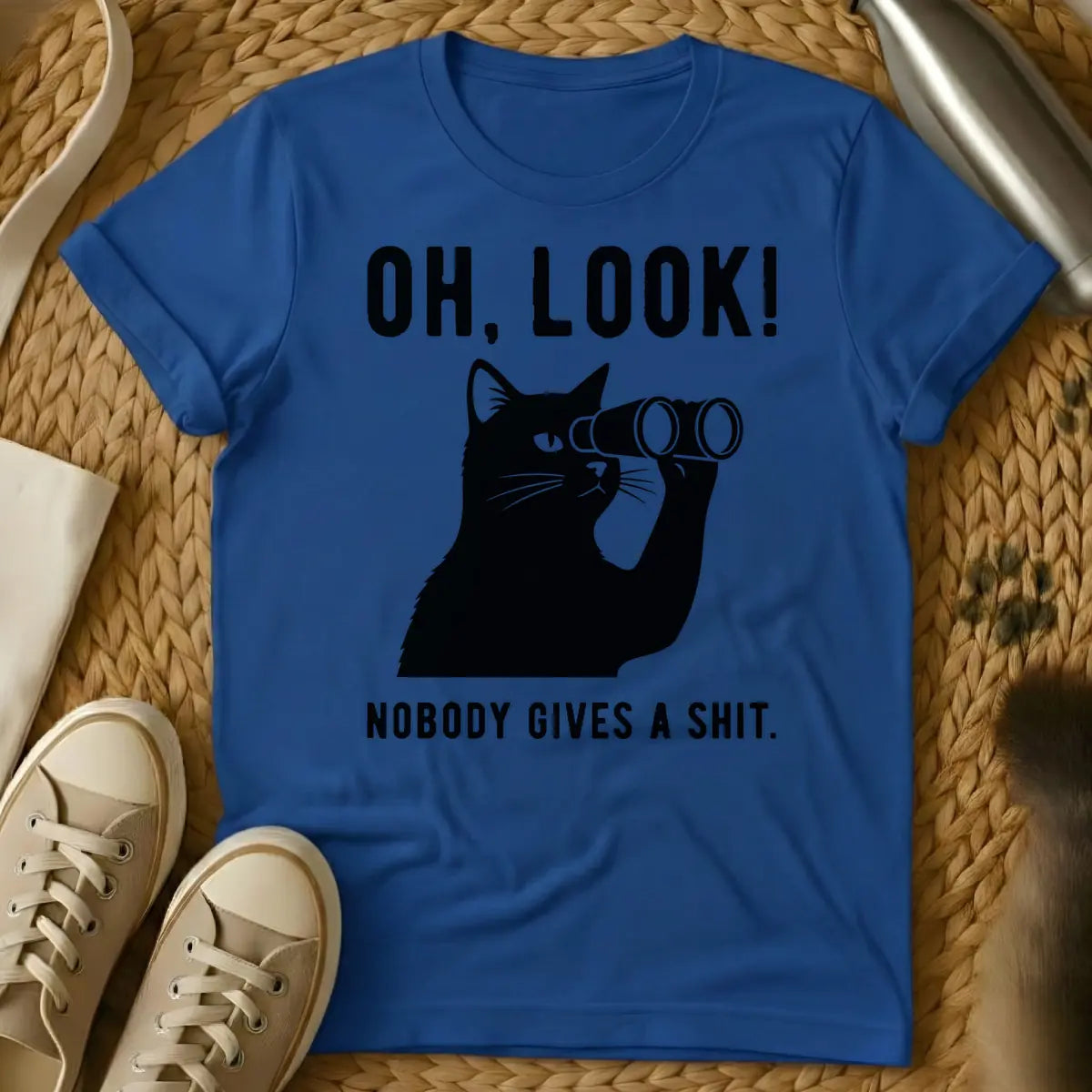 Royal - Black cat holding binoculars with the text "OH, LOOK! NOBODY GIVES A SHIT."