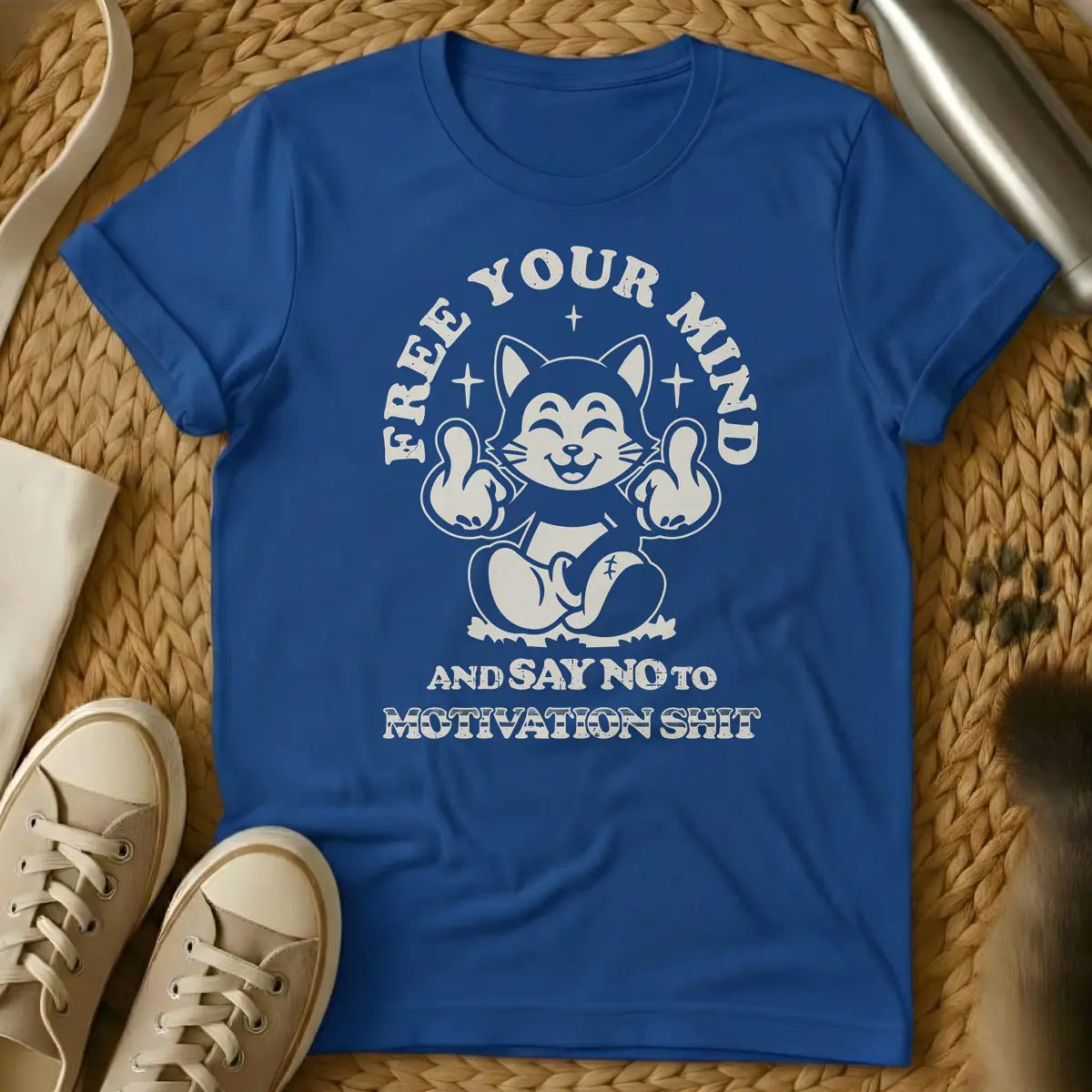 Royal - Distressed beige graphic of a smiling, meditating cartoon cat-like creature flipping off the viewer with both middle fingers, surrounded by the arched text "FREE YOUR MIND" above and "AND SAY NO TO MOTIVATION SHIT" below.