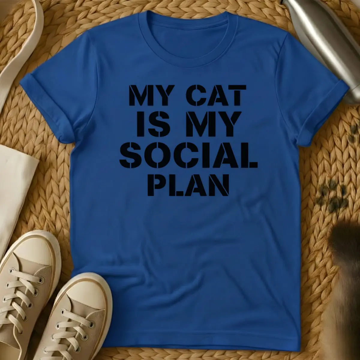 Royal - T-shirt design featuring the text "MY CAT IS MY SOCIAL PLAN" in an off-white stencil font.