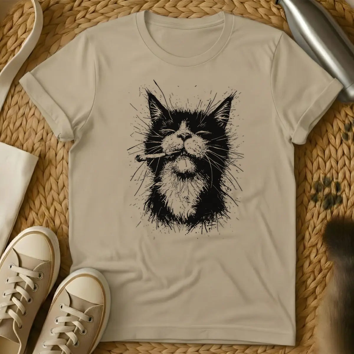 Sand - Black and white grunge illustration of a cool cat with closed eyes, smoking a cigarette or joint.