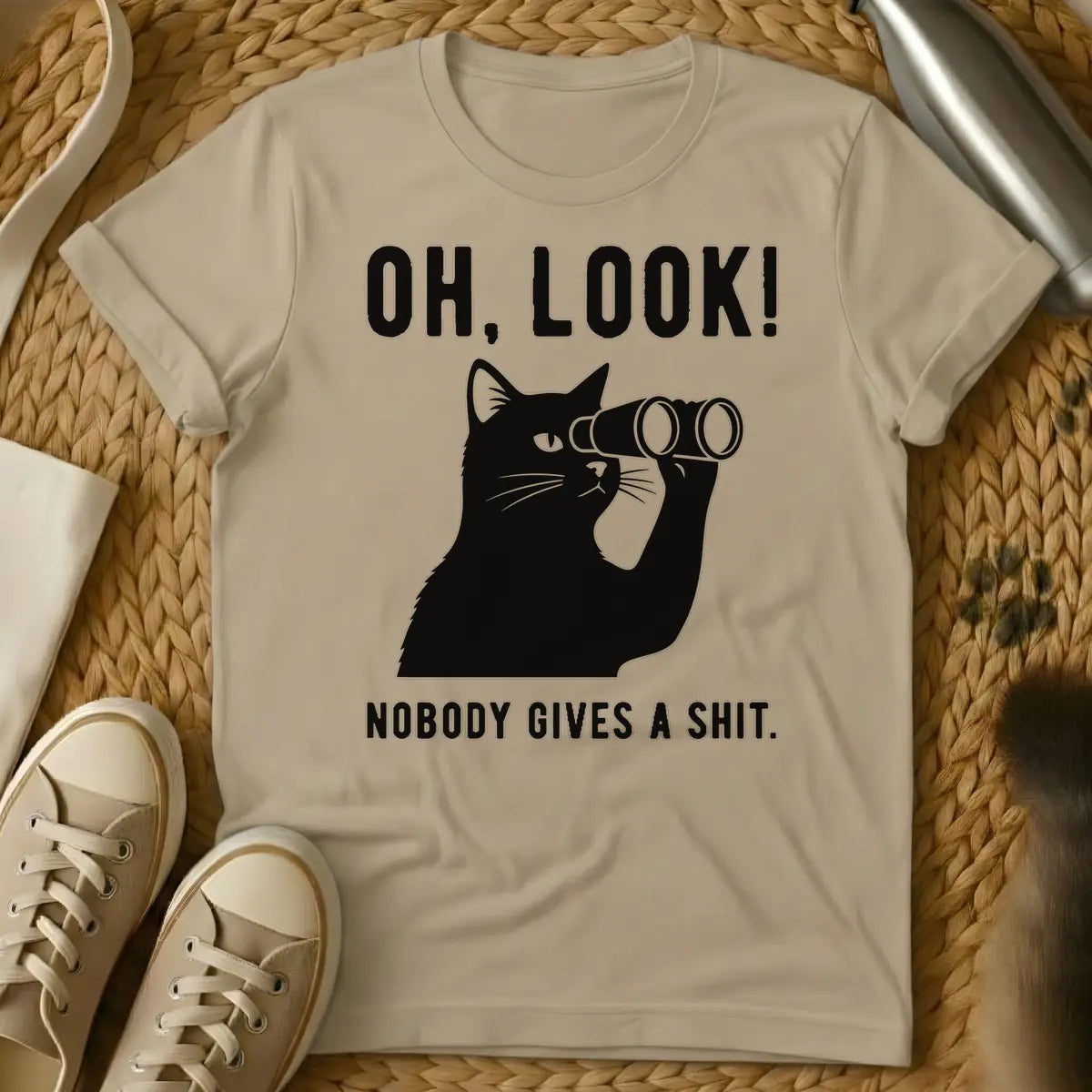 Sand - Black cat holding binoculars with the text "OH, LOOK! NOBODY GIVES A SHIT."