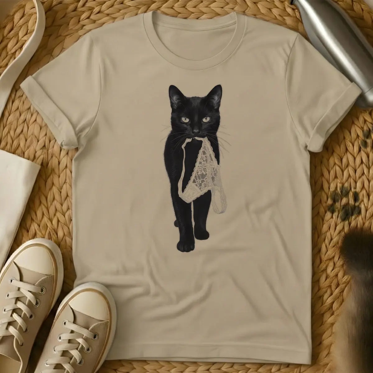 Sand - Black cat holding white lace panties in its mouth.