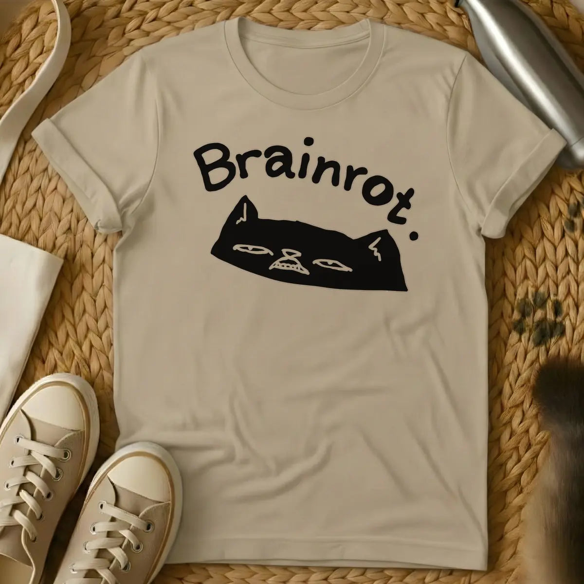 Sand - Text "Brainrot." in a quirky, handwritten font above a black cat's head with a grumpy expression, narrow eyes, and small fangs visible.