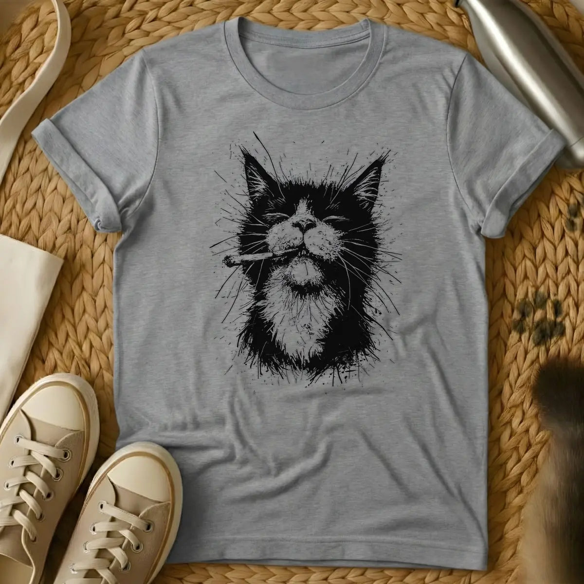 Sport Grey - Black and white grunge illustration of a cool cat with closed eyes, smoking a cigarette or joint.