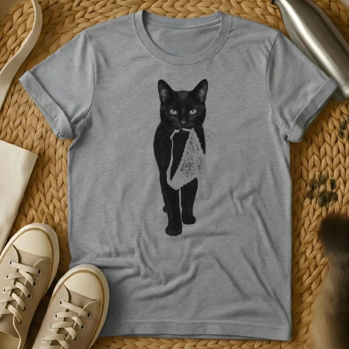 Sport Grey - Black cat holding white lace panties in its mouth.