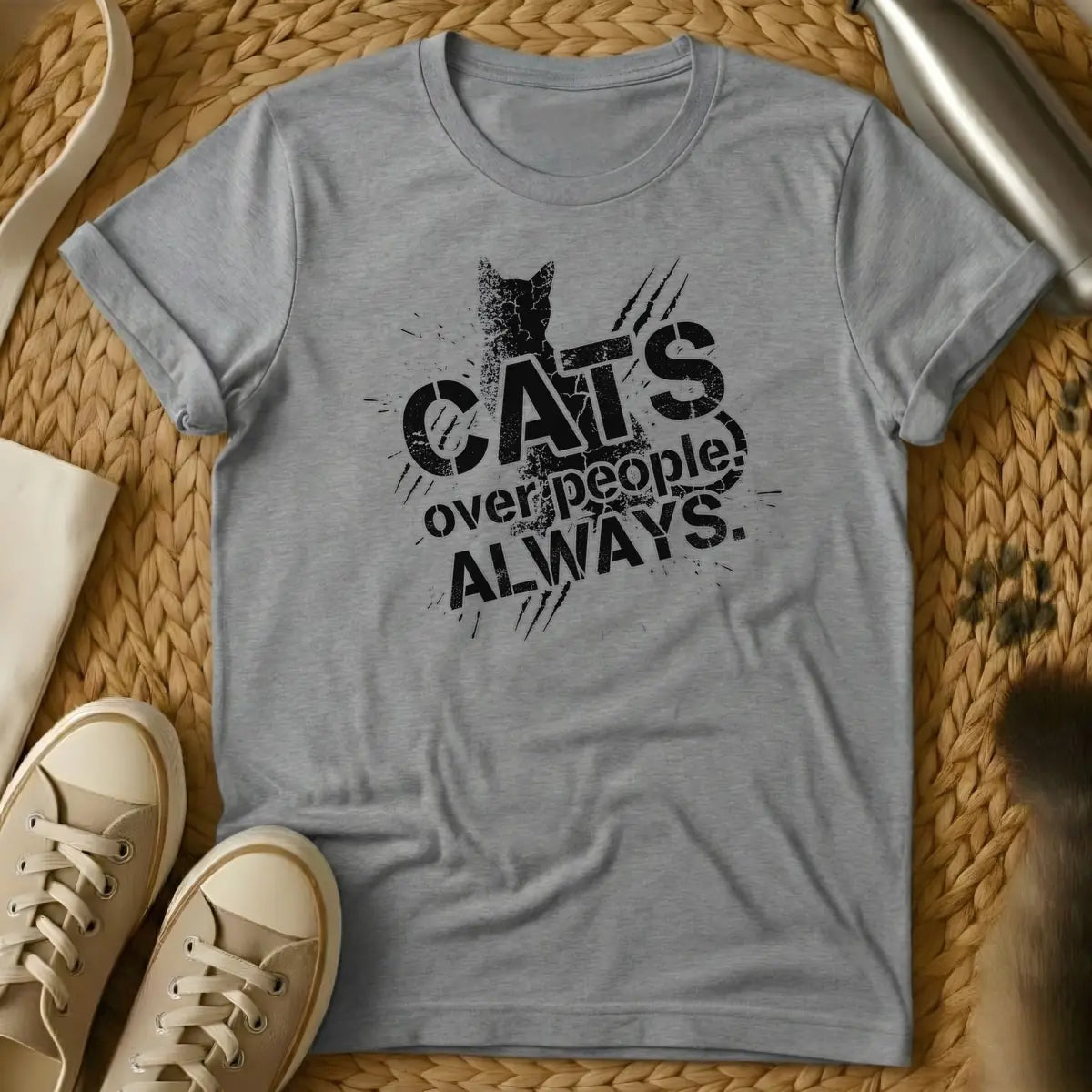 Sport Grey - Distressed black text "CATS over people! ALWAYS." with a cat silhouette and scratch marks on a white background.