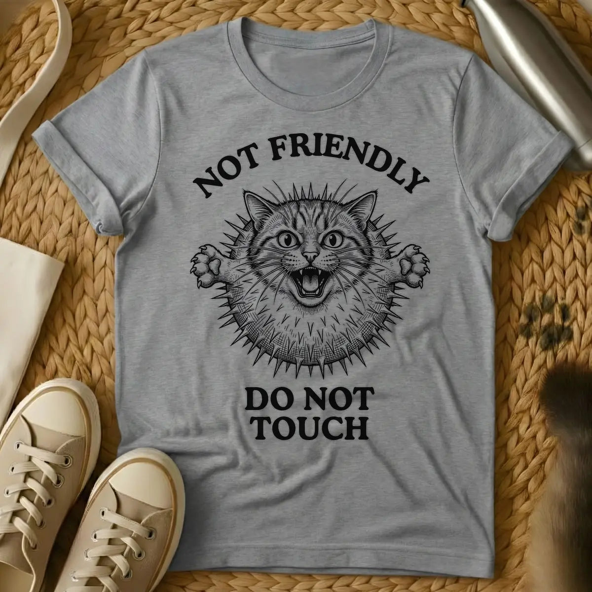 Sport Grey - Black and white illustration of an angry cat with a spiky pufferfish body, baring fangs and extending claws. Above the cat, text reads 'NOT FRIENDLY', and below, 'DO NOT TOUCH'.