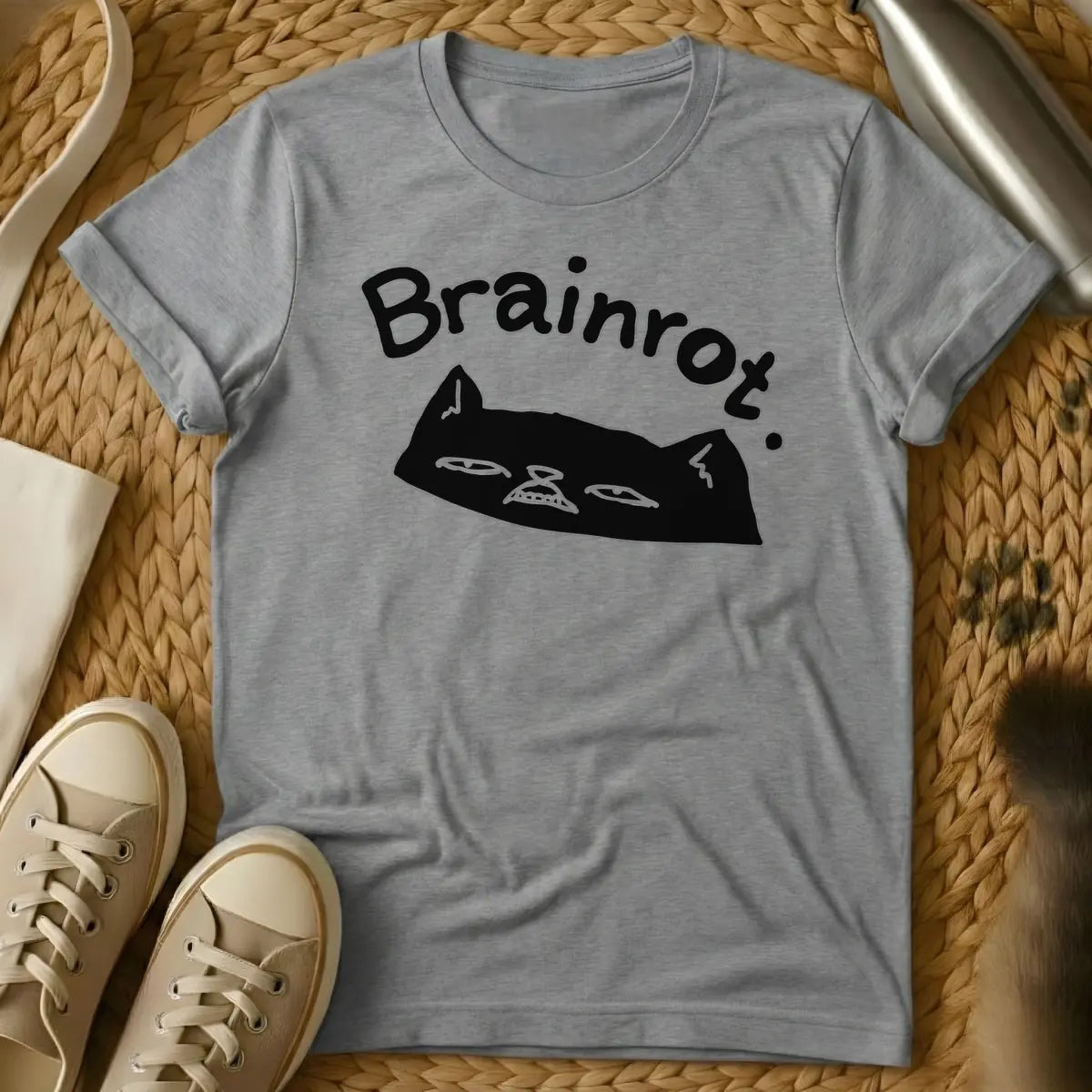Sport Grey - Text "Brainrot." in a quirky, handwritten font above a black cat's head with a grumpy expression, narrow eyes, and small fangs visible.