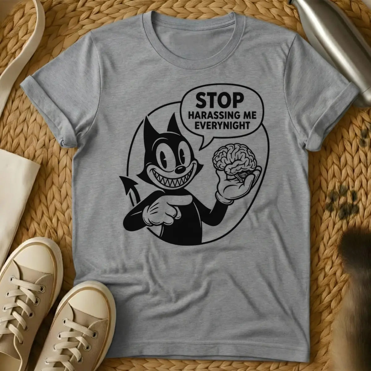 Sport Grey - Black and white vintage cartoon devil cat with a wide, sharp-toothed grin, holding a human brain in one hand and pointing at it, with a speech bubble that reads "STOP HARASSING ME EVERY NIGHT".