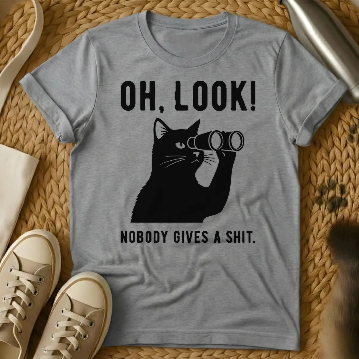Sport Grey - Black cat holding binoculars with the text "OH, LOOK! NOBODY GIVES A SHIT."
