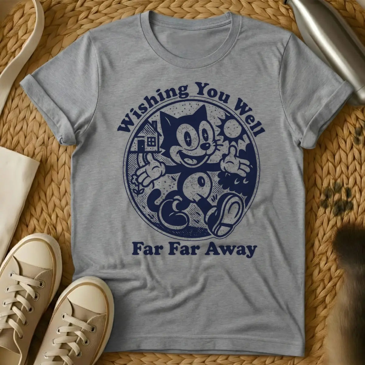 Sport Grey - Dark blue distressed graphic of a vintage cartoon cat, similar to Felix, happily walking with thumbs up inside a circle. To its left is a house and small flower, to its right a sun. Text above reads "Wishing You Well", and text below reads "Far Far Away".