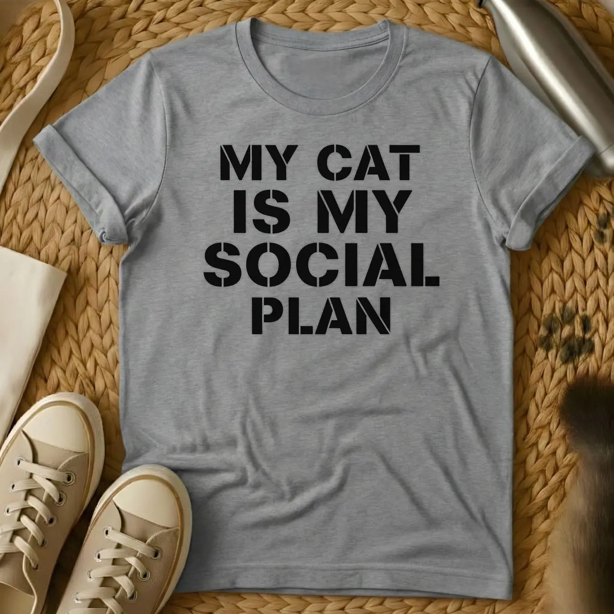 Sport Grey - T-shirt design featuring the text "MY CAT IS MY SOCIAL PLAN" in an off-white stencil font.