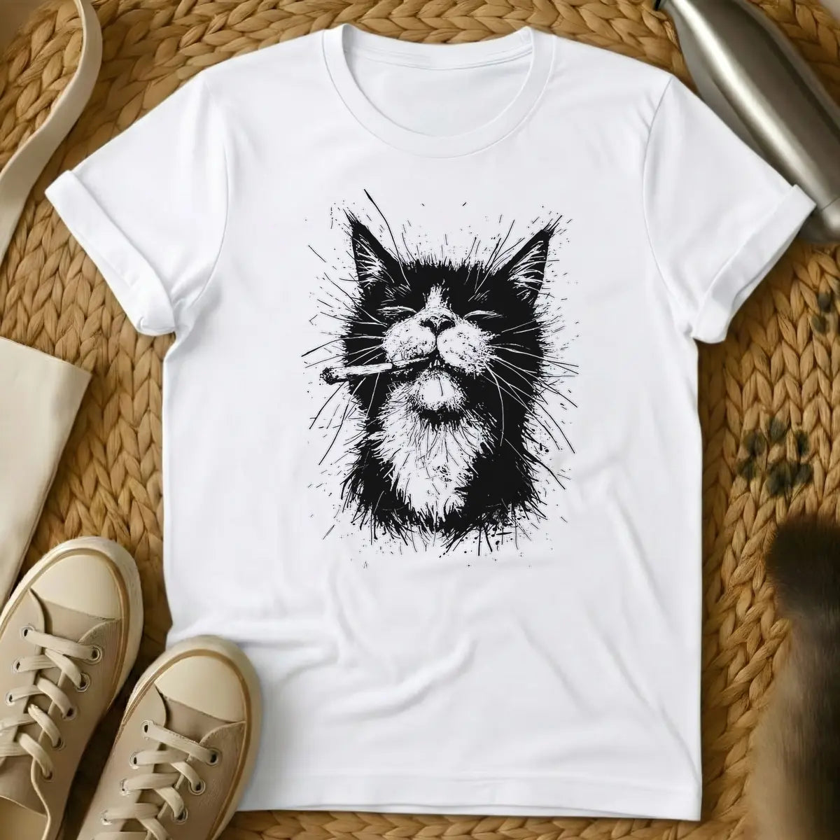 White - Black and white grunge illustration of a cool cat with closed eyes, smoking a cigarette or joint.