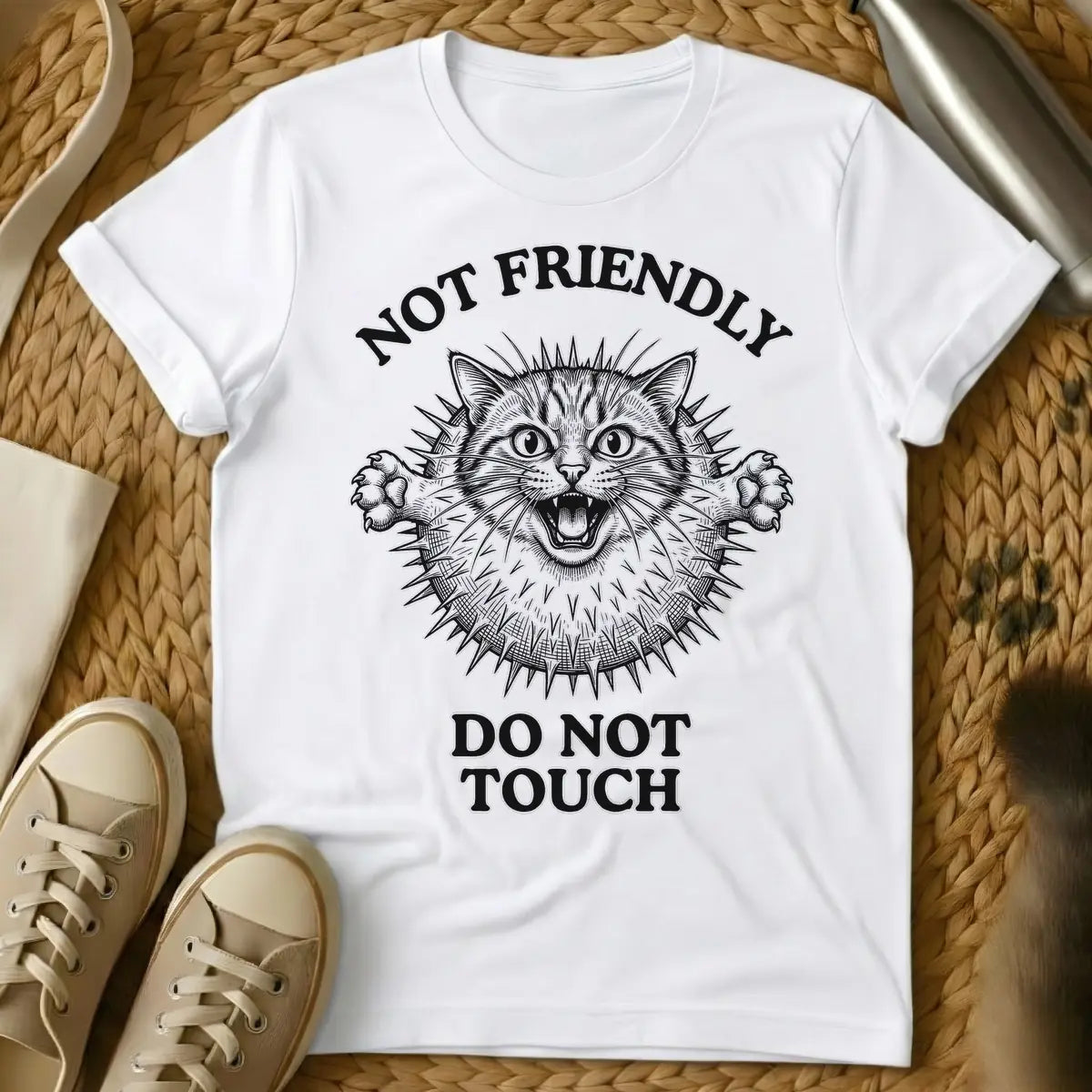 White - Black and white illustration of an angry cat with a spiky pufferfish body, baring fangs and extending claws. Above the cat, text reads 'NOT FRIENDLY', and below, 'DO NOT TOUCH'.