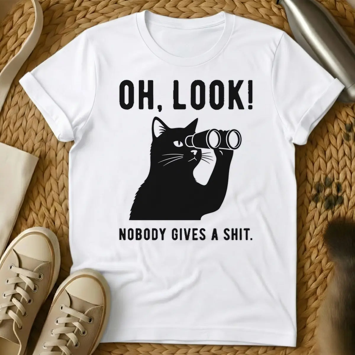 White - Black cat holding binoculars with the text "OH, LOOK! NOBODY GIVES A SHIT."