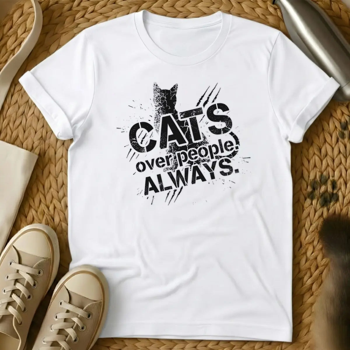 White - Distressed black text "CATS over people! ALWAYS." with a cat silhouette and scratch marks on a white background.